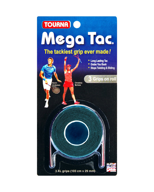 Tourna Mega Tac overgrips, front packaging with black rolls and blue branding