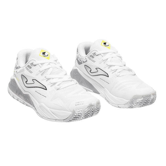 Joma Spin Lady 2602 Padel shoes, white/silver pair from front three-quarter angle.