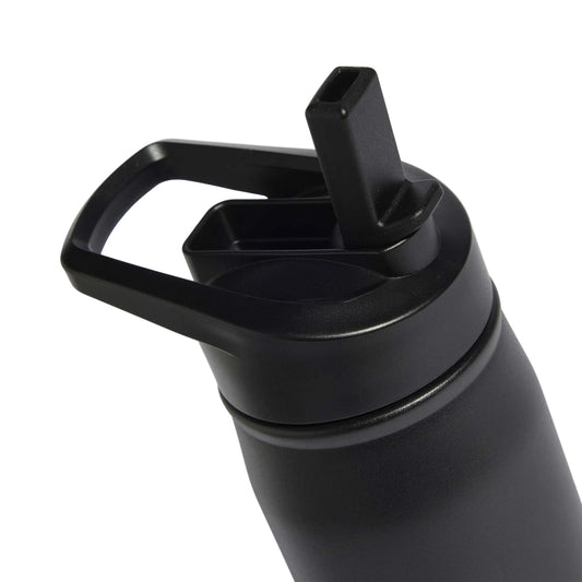 Adidas Metal Bottle Straw 0.6L in black, close-up of the integrated straw and carry-loop lid
