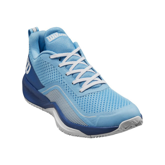Wilson Rush Pro Lite women's Padel shoes, front three-quarter view, Bonnie Blue