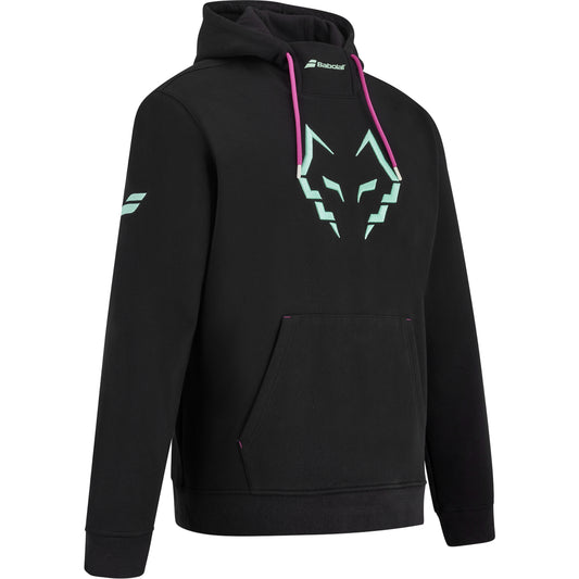 Babolat Lebron Padel hoodie, black three-quarter right view showing cuff and kangaroo pocket