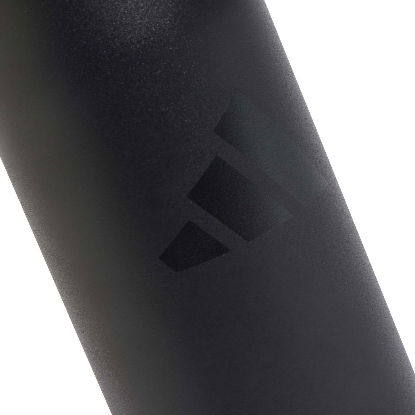 Adidas Metal Bottle Straw 0.6L in black, close-up of the tonal Adidas logo on the bottle body