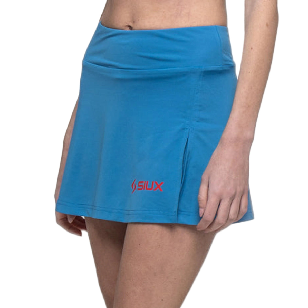 Siux Cyber 26 Padel skirt, opposite three-quarter view on model in blue