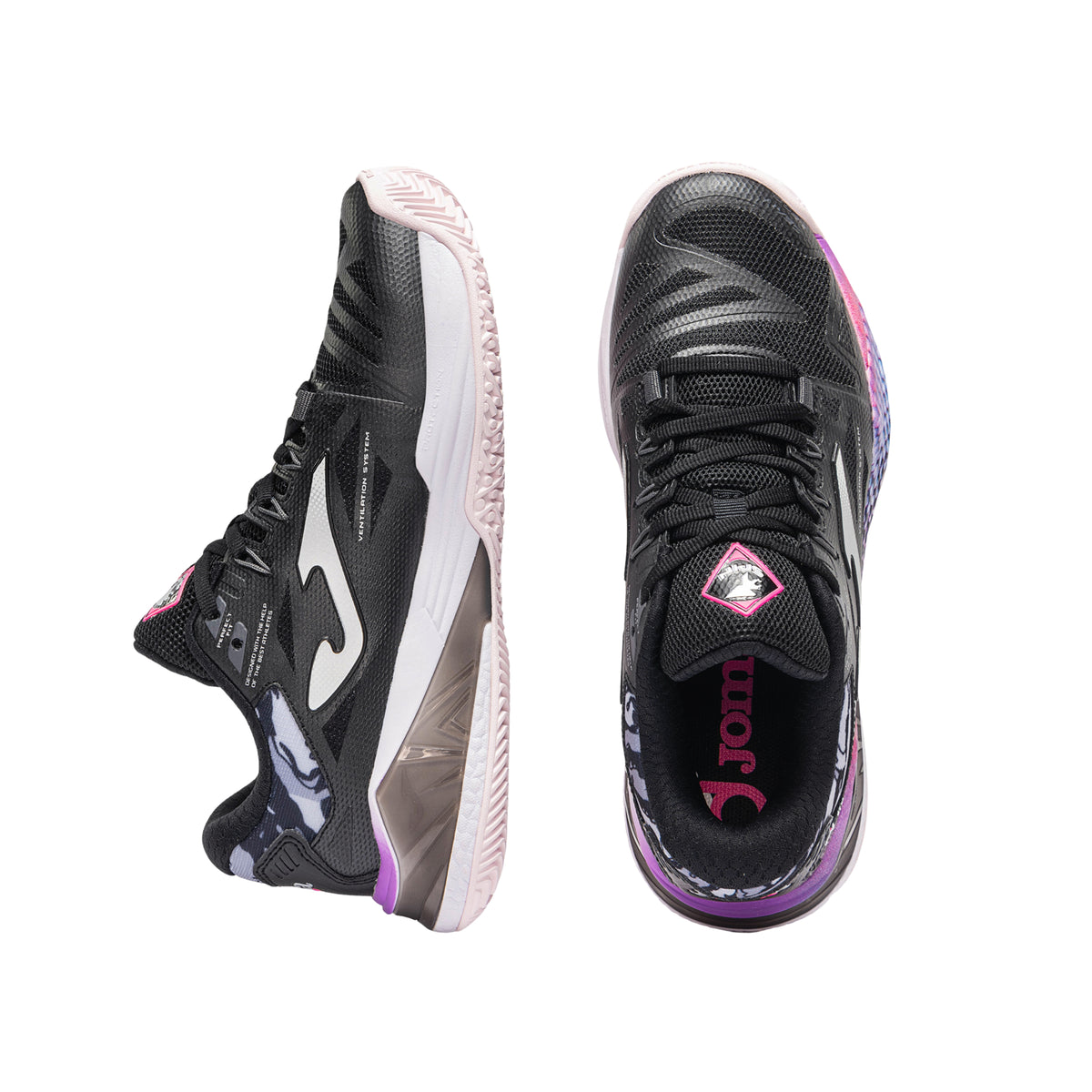 Joma Spin Lady 2601 Padel Shoes Women - Black/Pink - Top and side pair