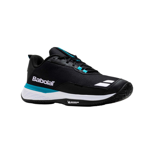 Babolat SFX Evo Padel shoes, front three-quarter lateral view, black and blue
