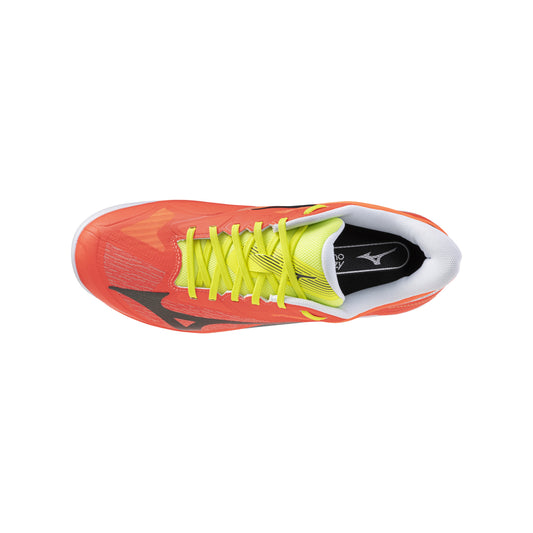 Mizuno Wave Exceed Court Padel shoes, top view with orange mesh and yellow laces