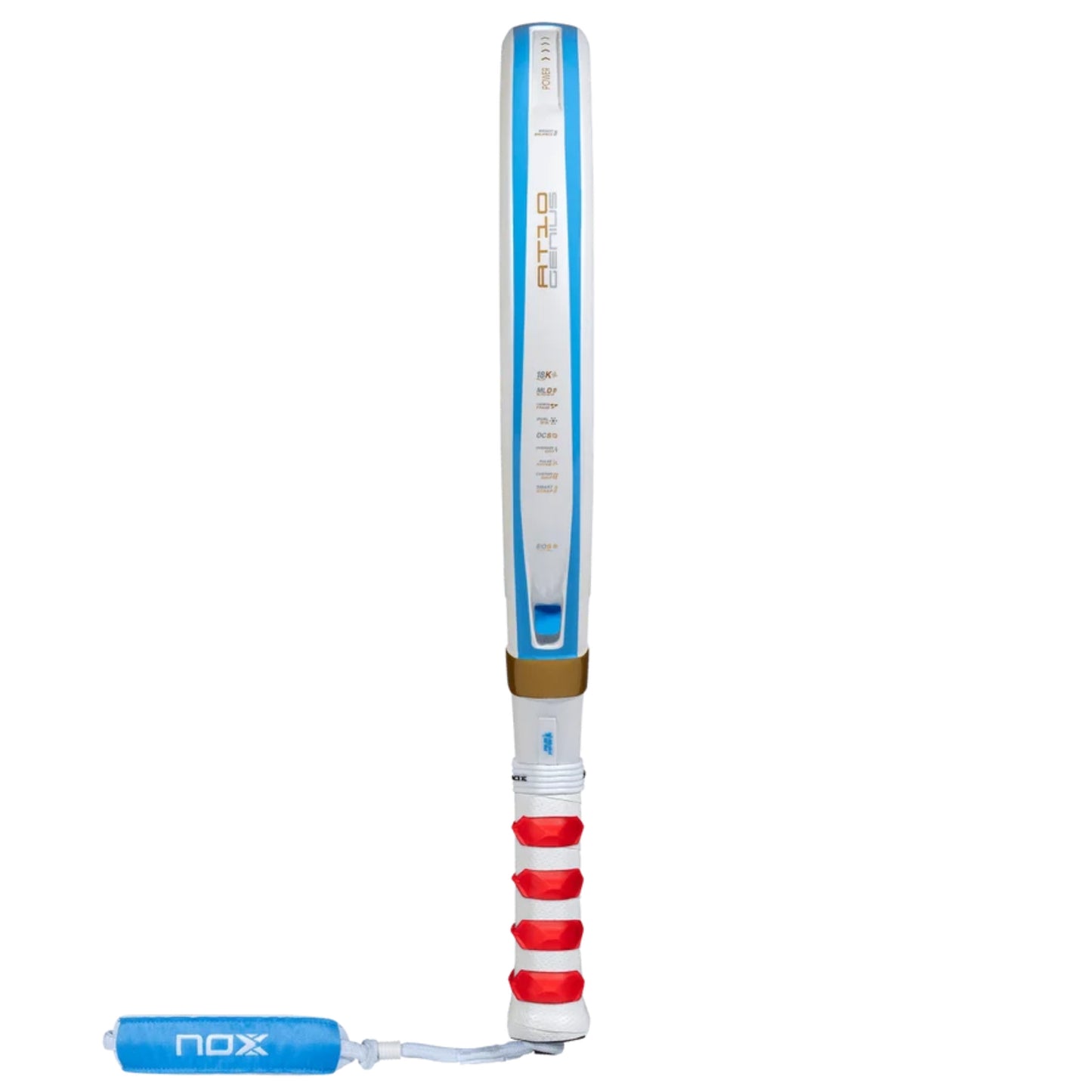 NOX AT10 Genius 18K Alum Buenos Aires Exclusive Edition 2026 padel racket edge profile with red grip bands