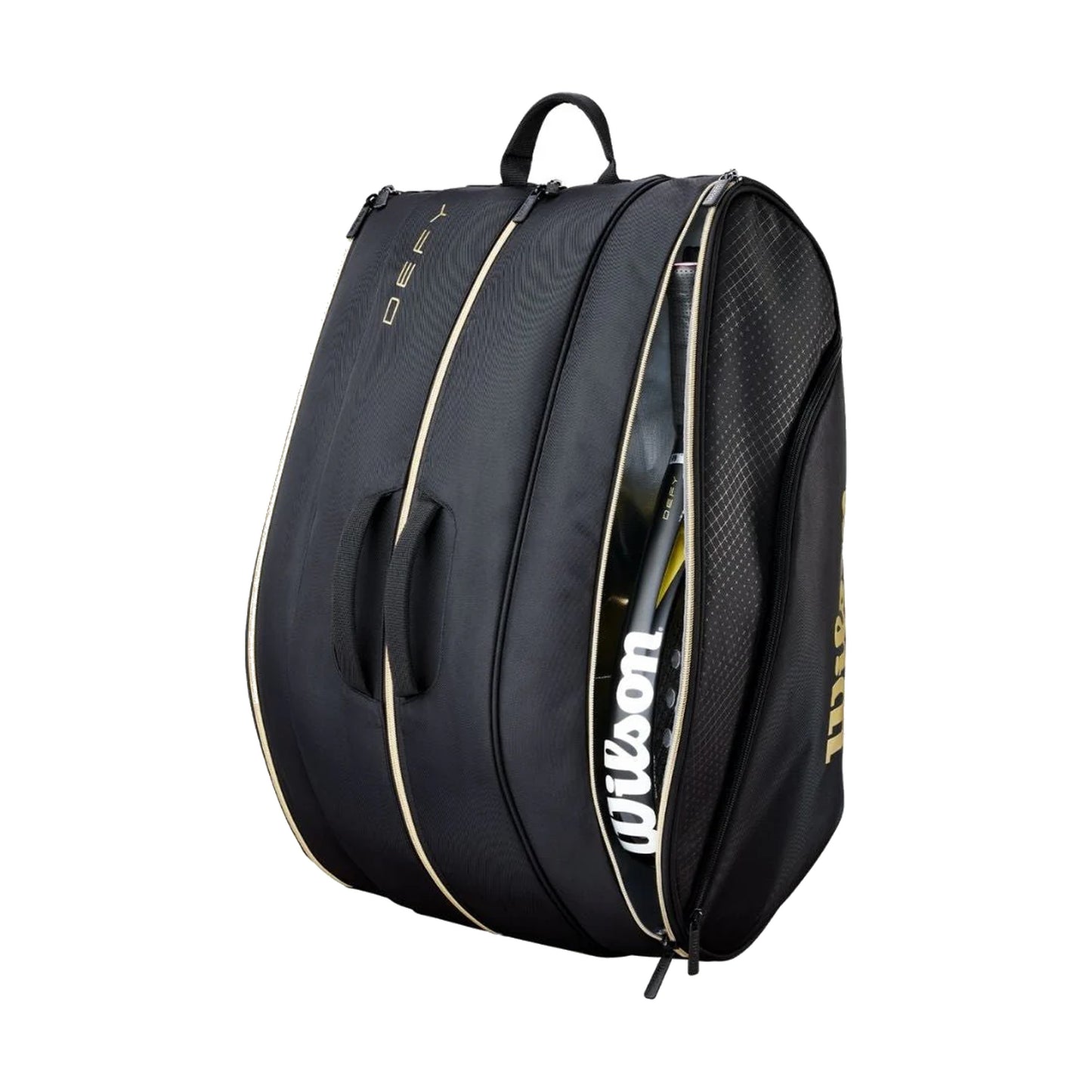 Wilson Defy V1 padel bag, detail of gold logo and zip