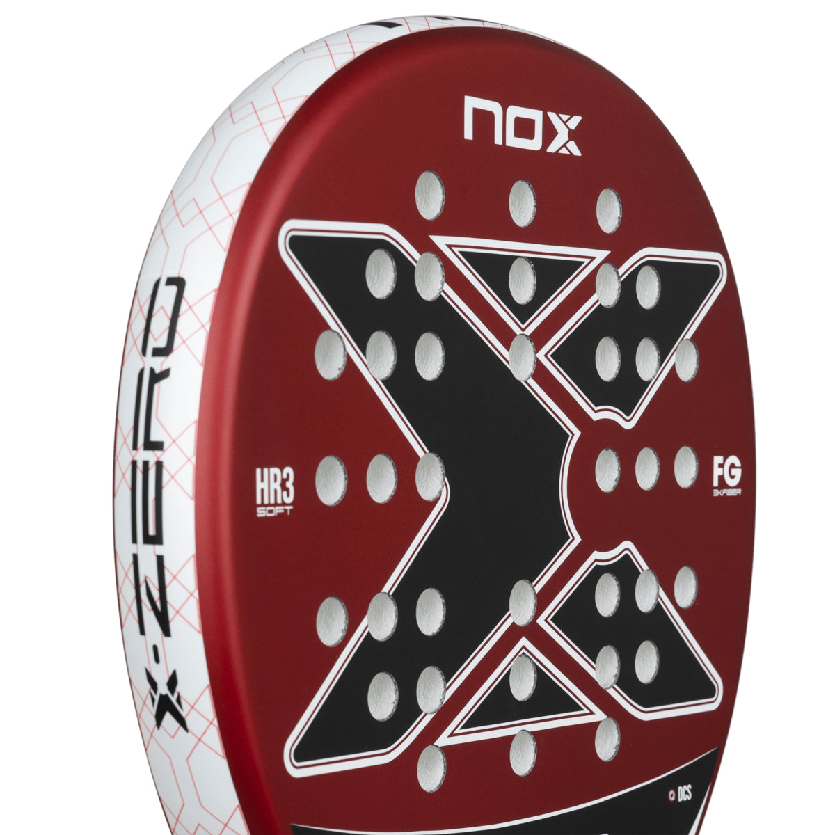 NOX X-Zero Red 2026 Padel racket, upper face detail showing the hole pattern