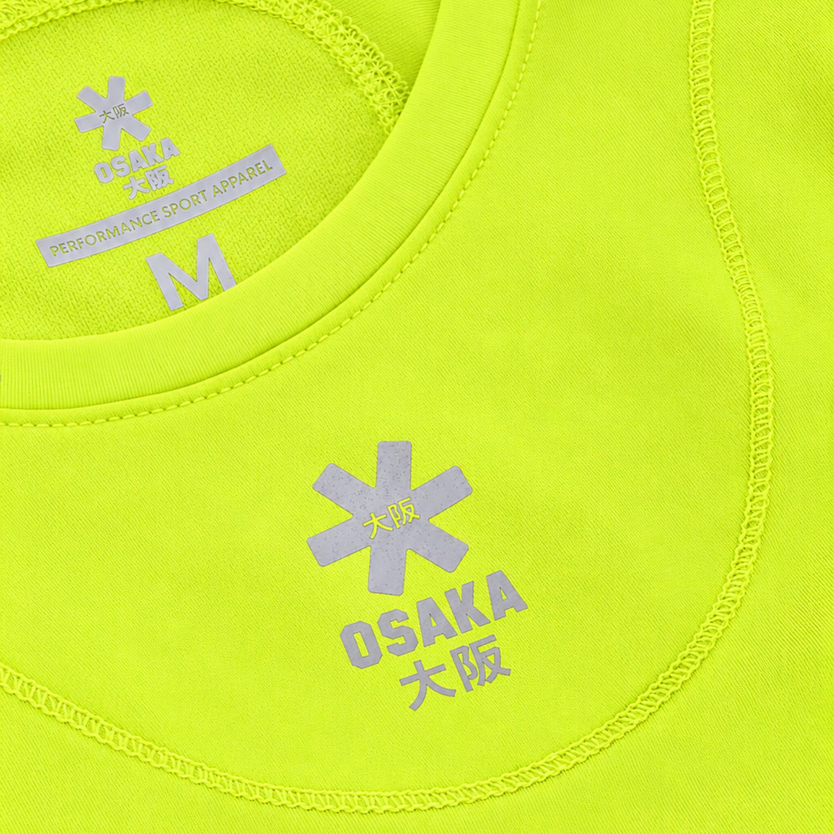Osaka Floucy Dress, Acid Lime, neckline, inner label and chest logo detail