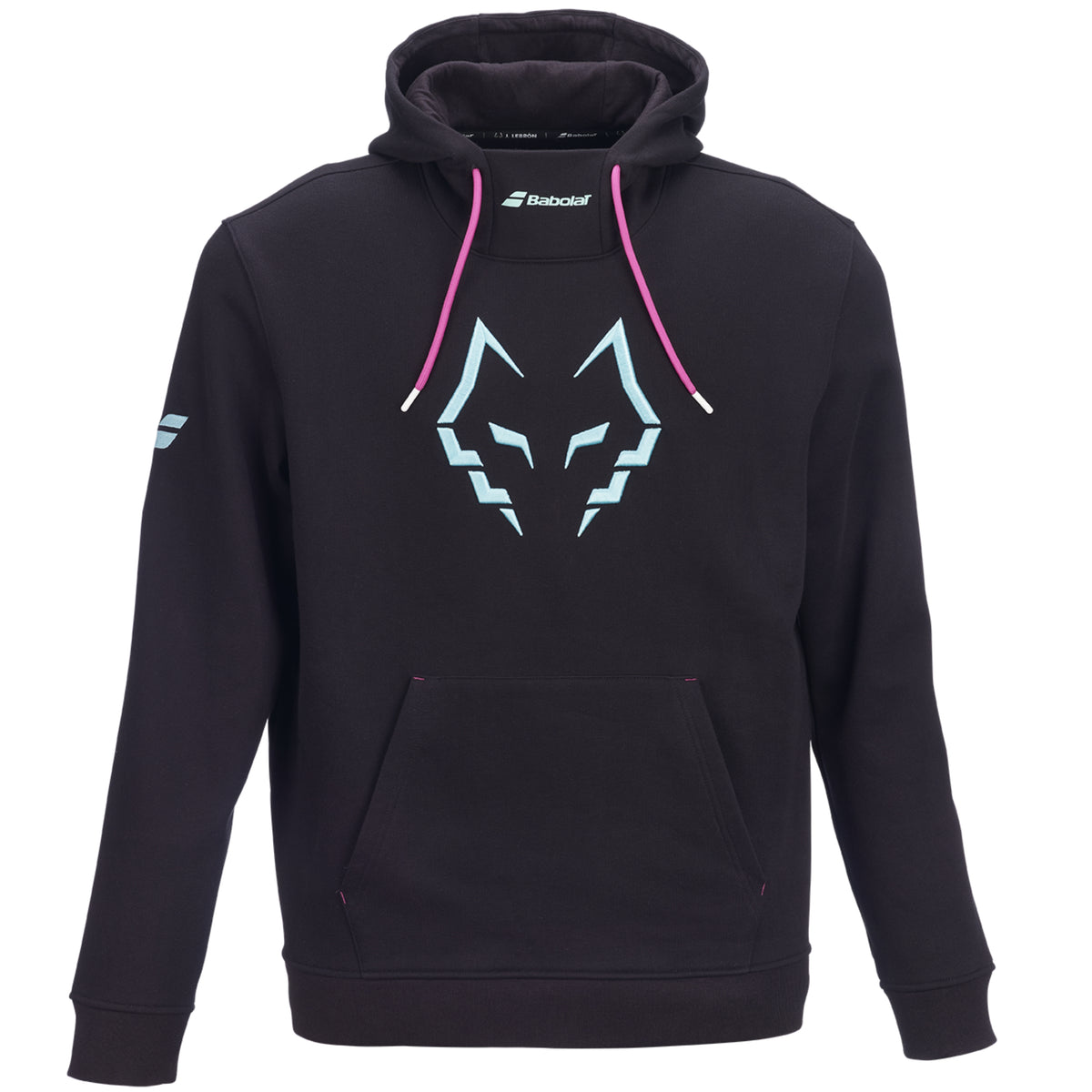Babolat Lebron Padel hoodie, black front view with wolf emblem and pink drawcords