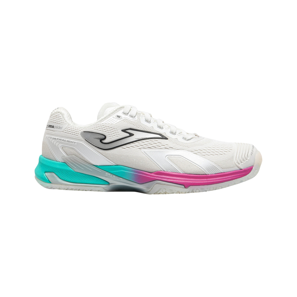 Joma Ultra Light Lady 2602 Padel shoes, white lateral profile with turquoise accents