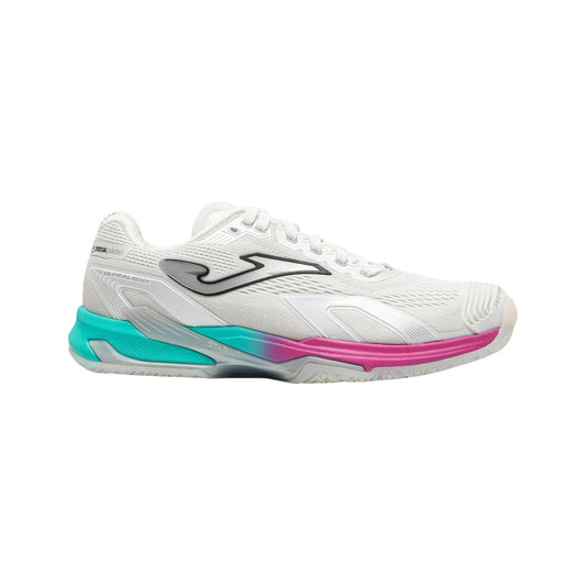 Joma Ultra Light Lady 2602 Padel shoes, white lateral profile with turquoise accents