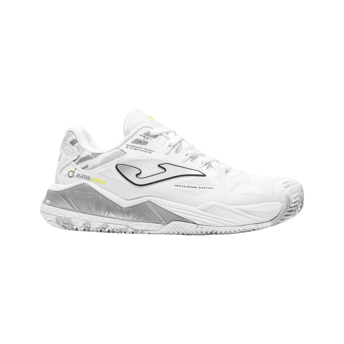 Joma Spin Lady 2602 Padel shoes, right-facing lateral profile in white/silver.