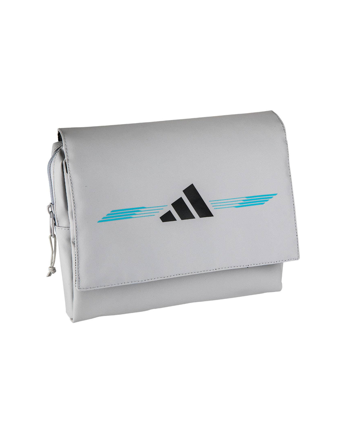 Adidas Accessory Bag 3.4, Offwhite front view with black logo and electric blue graphics