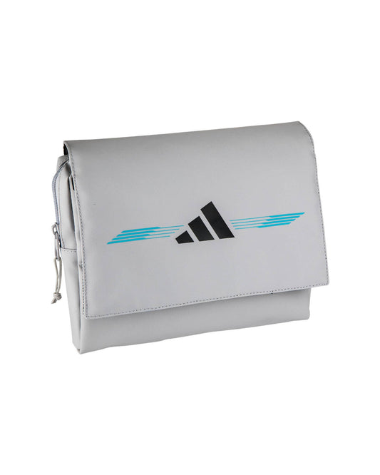 Adidas Accessory Bag 3.4, Offwhite front view with black logo and electric blue graphics