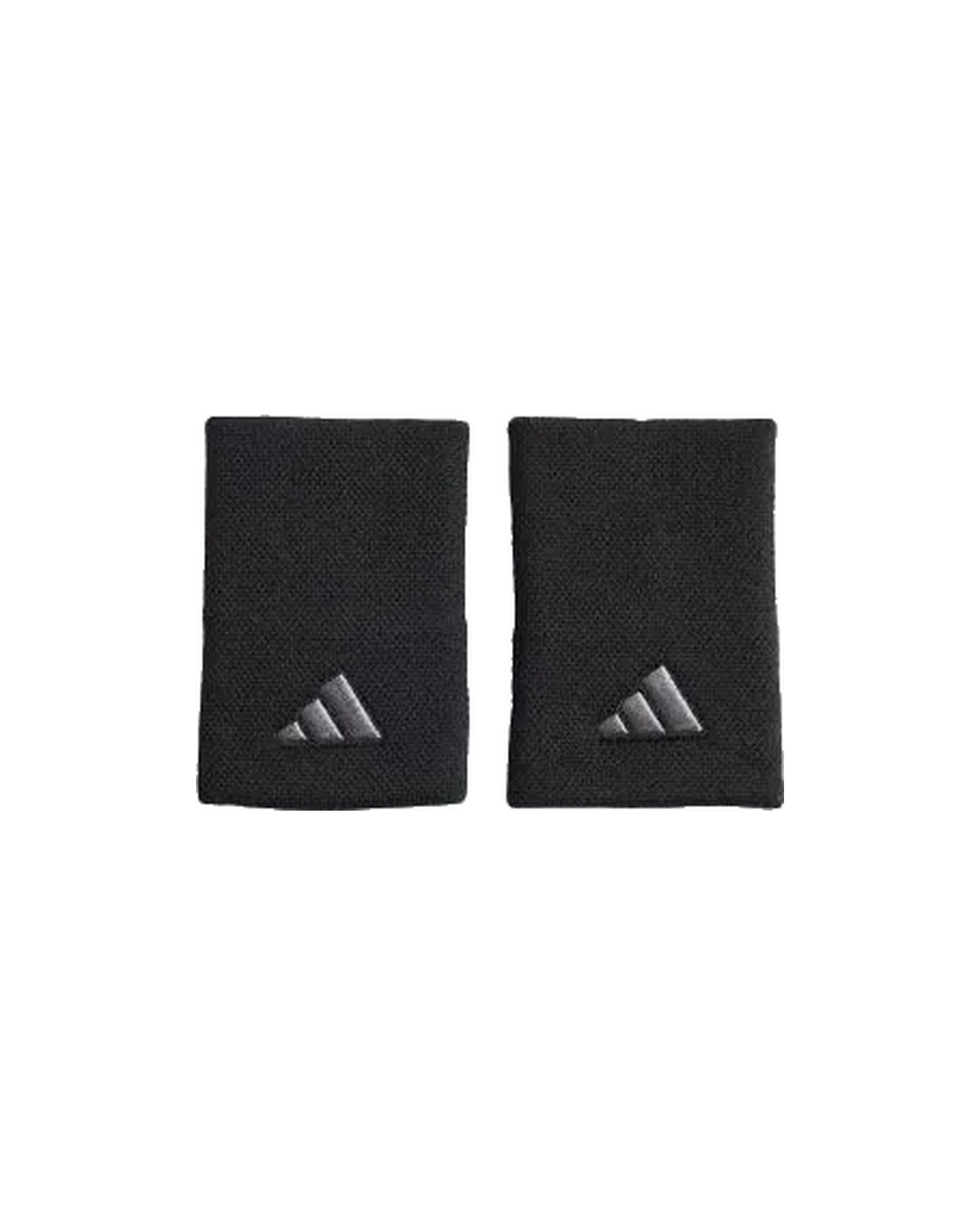 Adidas Large Tennis Wristbands 2 Pack in Black/Iron Metallic, pair front view with embroidered logos