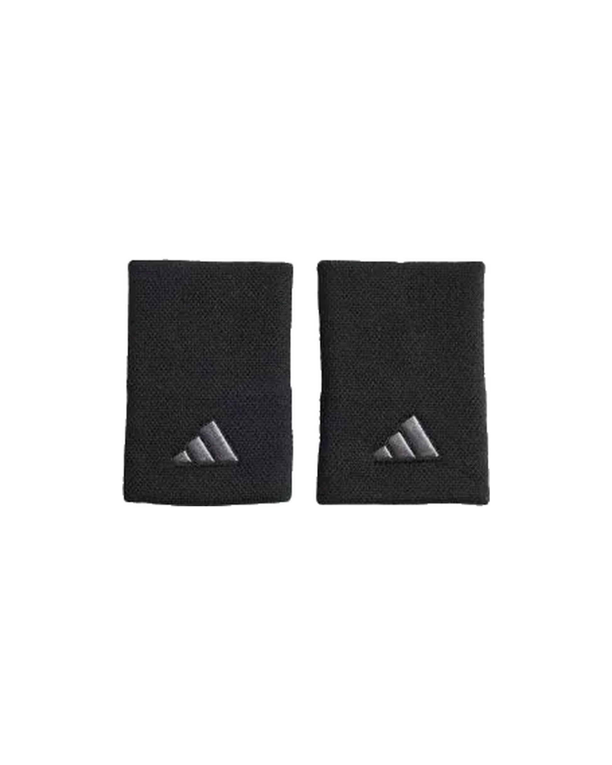 Adidas Large Tennis Wristbands 2 Pack in Black/Iron Metallic, pair front view with embroidered logos