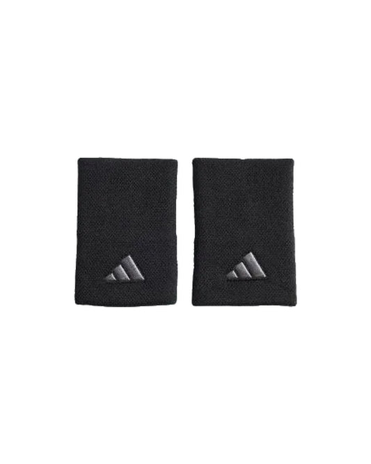 Adidas Large Tennis Wristbands 2 Pack in Black/Iron Metallic, pair front view with embroidered logos