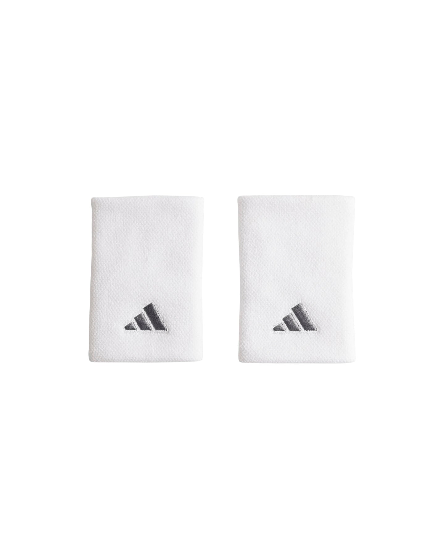 Adidas Large Tennis Wristbands 2 Pack in White/Iron Metallic, pair front view with embroidered logos