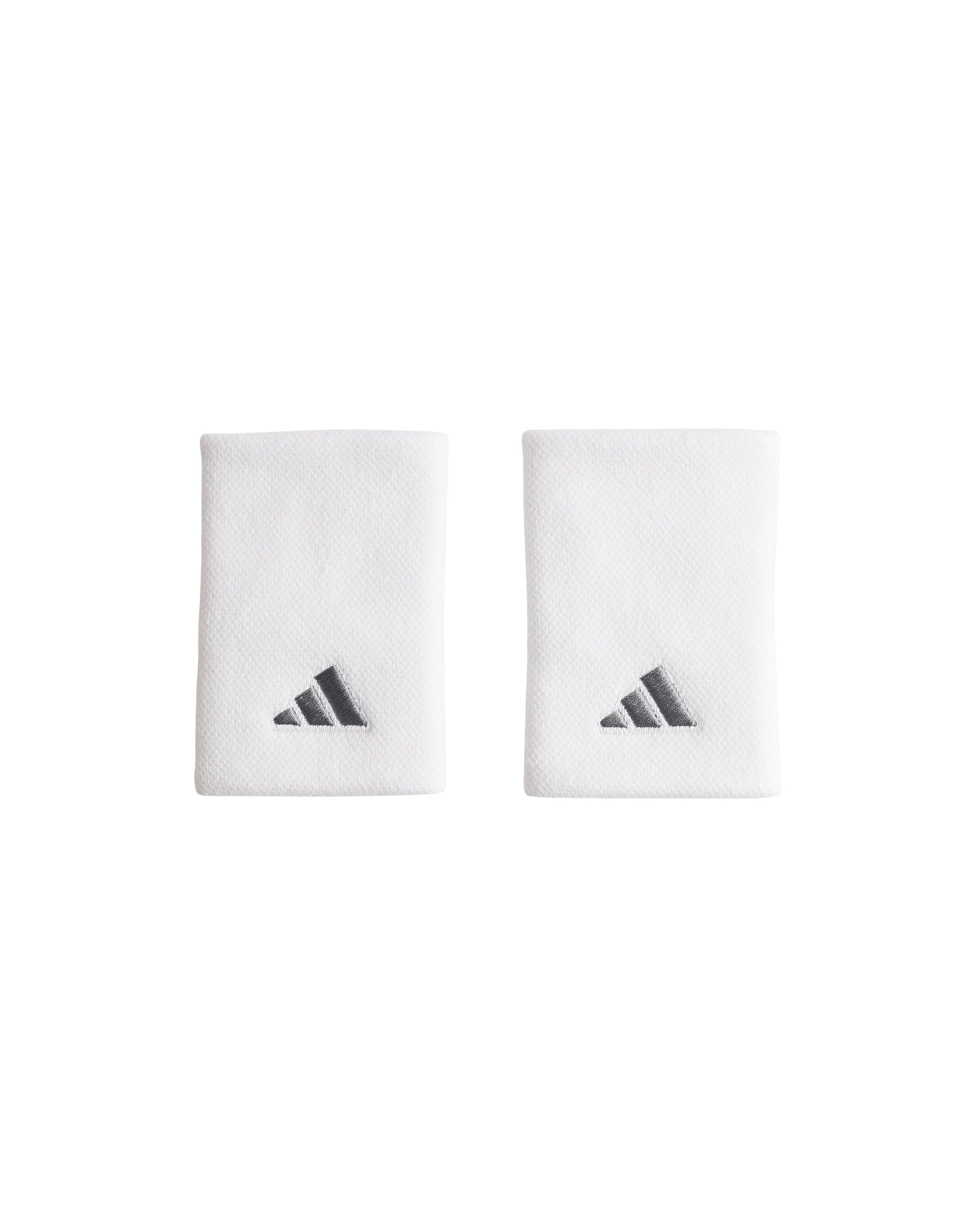 Adidas Large Tennis Wristbands 2 Pack in White/Iron Metallic, pair front view with embroidered logos