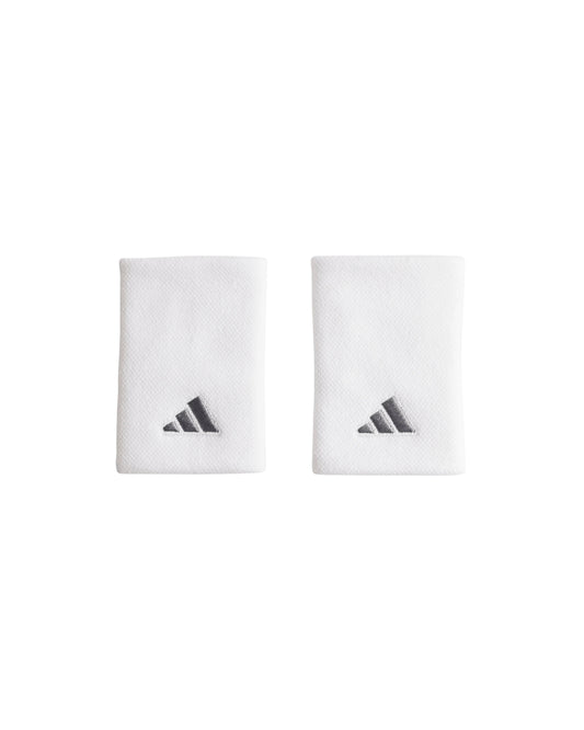 Adidas Large Tennis Wristbands 2 Pack in White/Iron Metallic, pair front view with embroidered logos