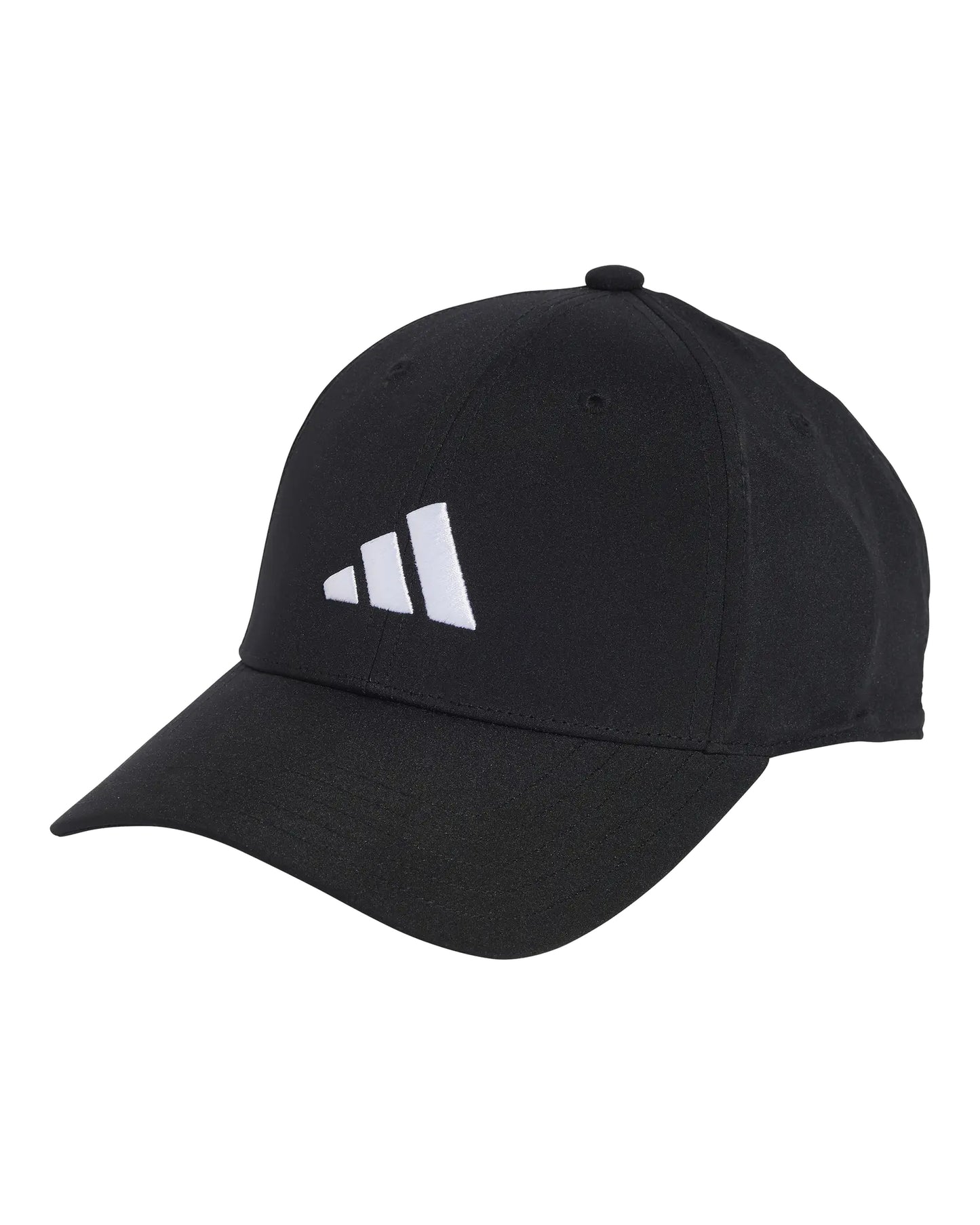 Adidas New Logo Embroidered Baseball Cap in black, front three-quarter view showing the white embroidered front logo