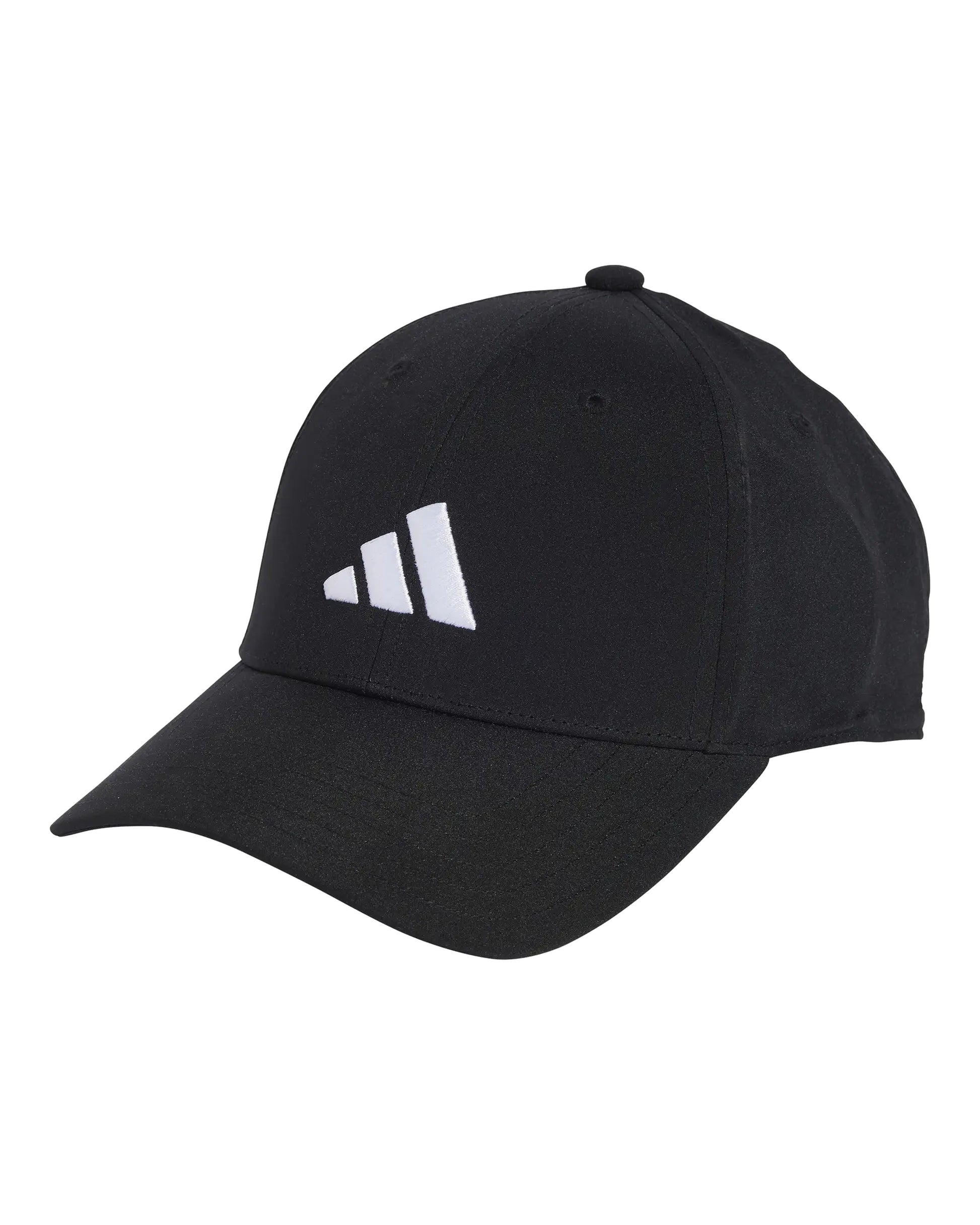 Adidas New Logo Embroidered Baseball Cap in black, front three-quarter view showing the white embroidered front logo