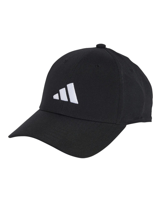 Adidas New Logo Embroidered Baseball Cap in black, front three-quarter view showing the white embroidered front logo