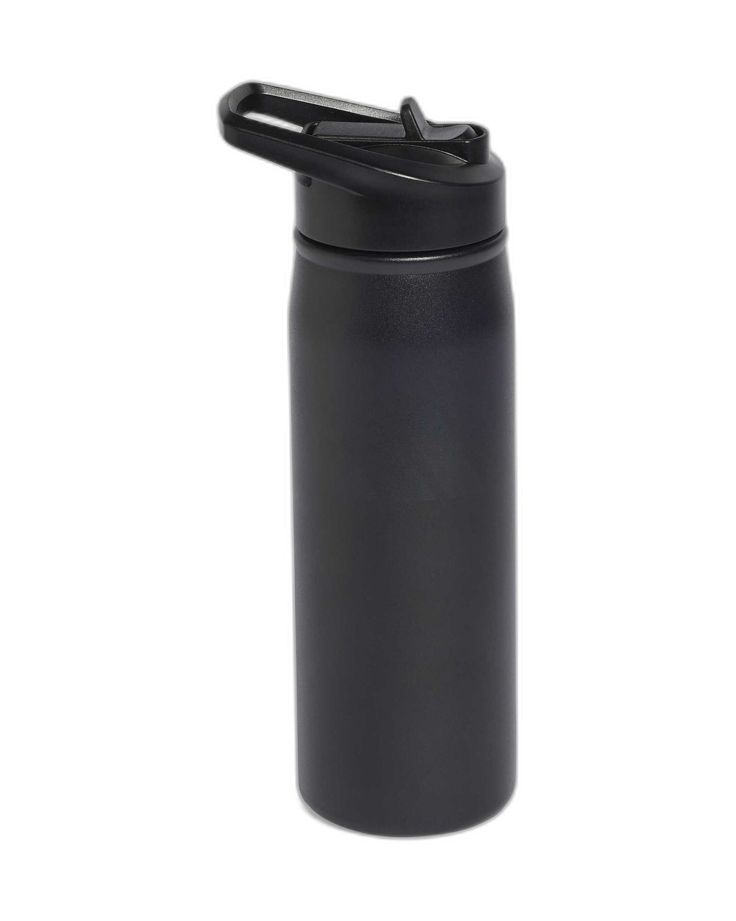 Adidas Metal Bottle Straw 0.6L in black, full front three-quarter view with integrated straw lid and carry loop