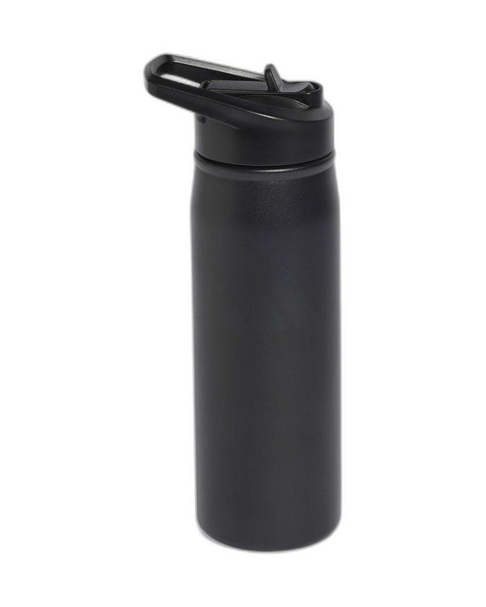 Adidas Metal Bottle Straw 0.6L in black, full front three-quarter view with integrated straw lid and carry loop