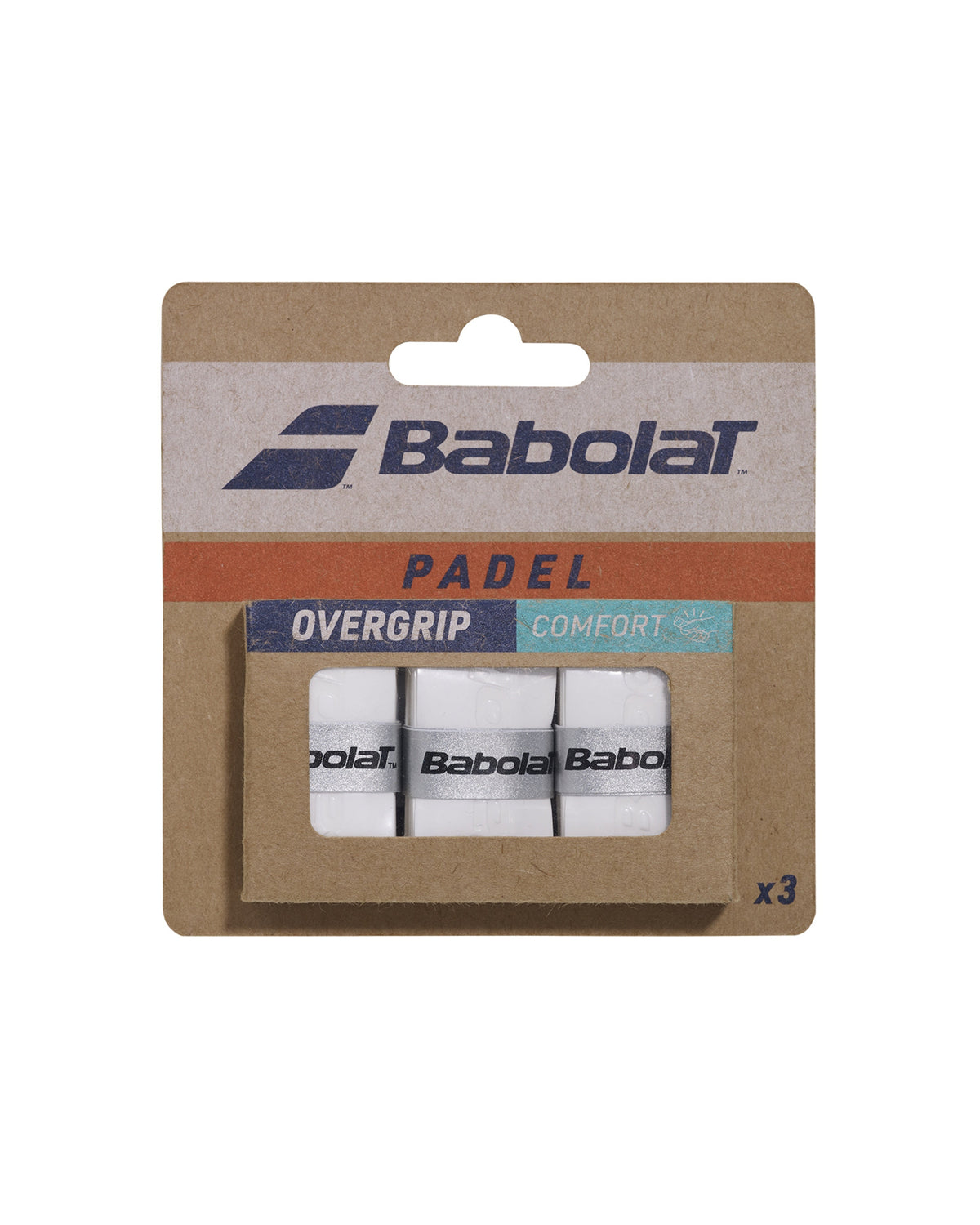 Babolat Comfort Padel overgrip 3-pack, front of white retail pack