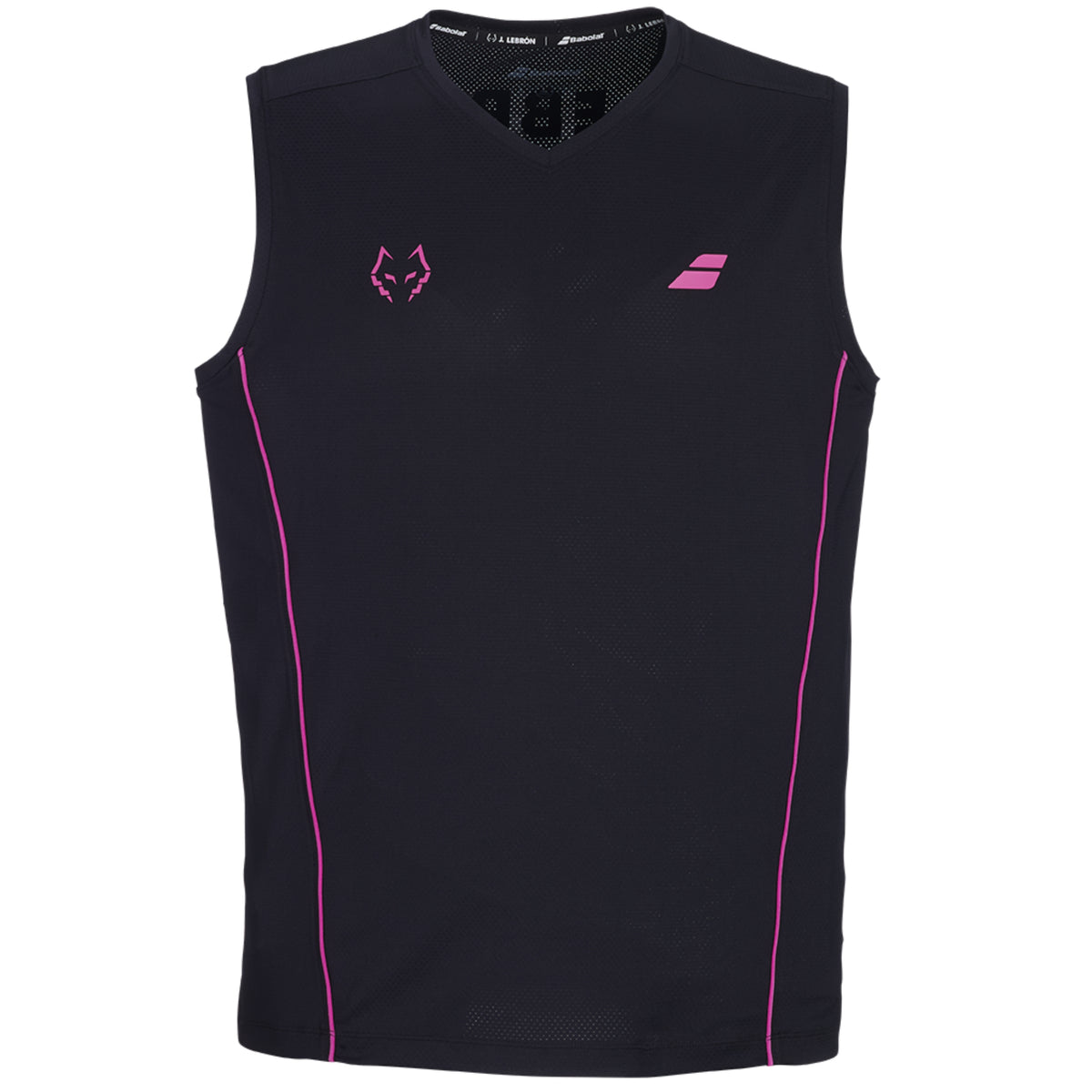 Babolat Lebron Muscle tank top, black front with V-neck and contrasting chest logos