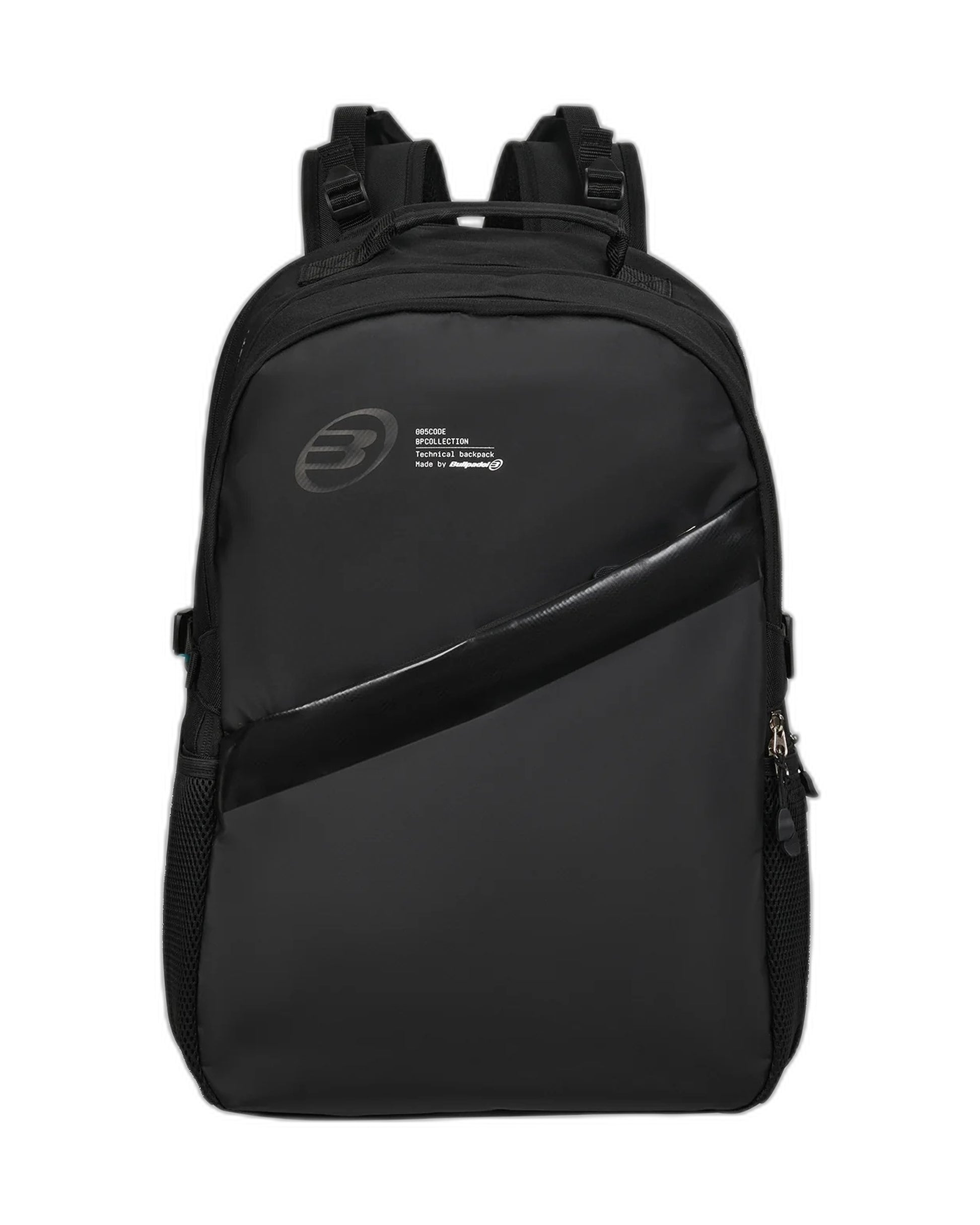 Bullpadel BPM26003 Tech Padel backpack, front view, all black