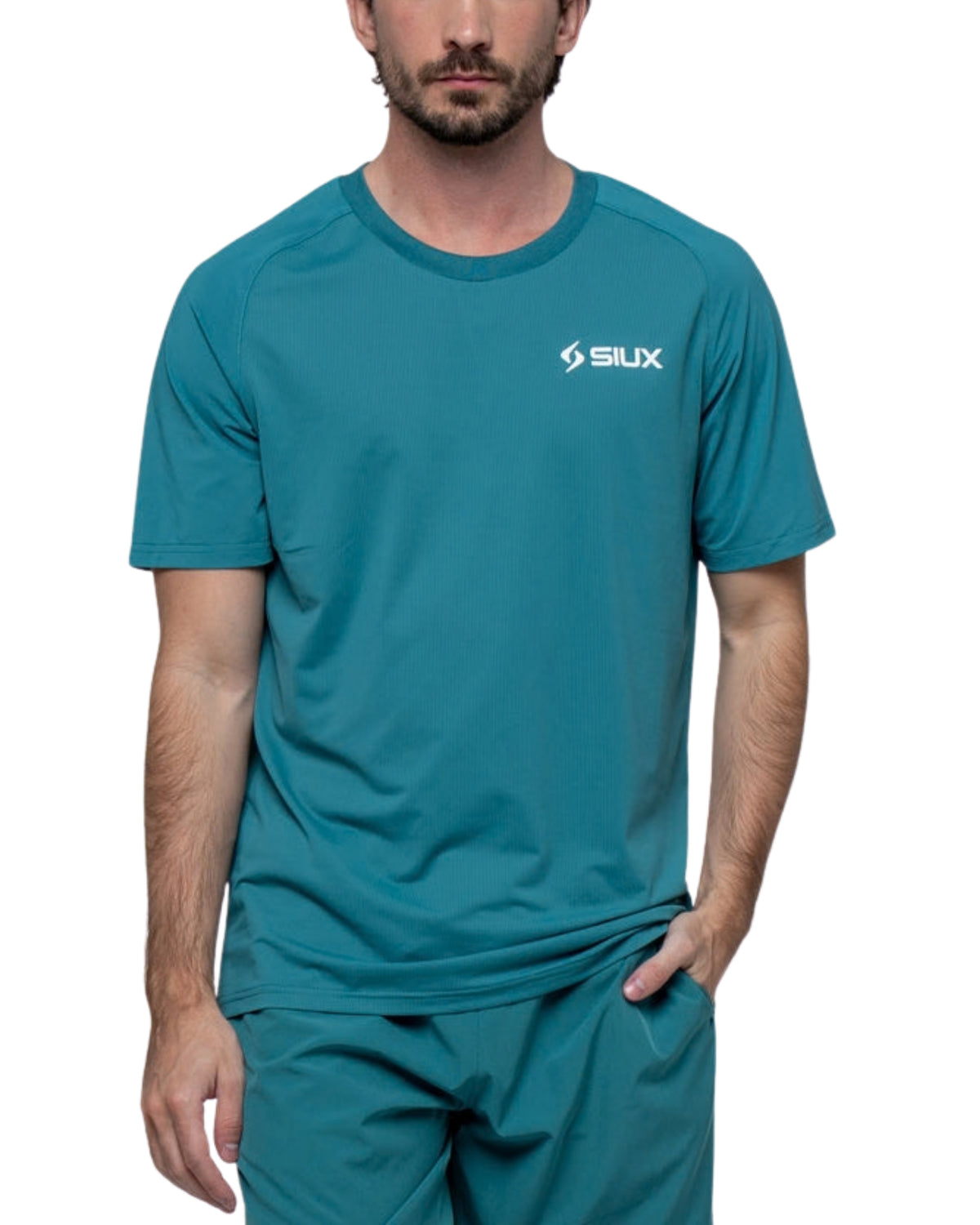 Siux Match 26 Padel T-Shirt, green front view on model with white logo