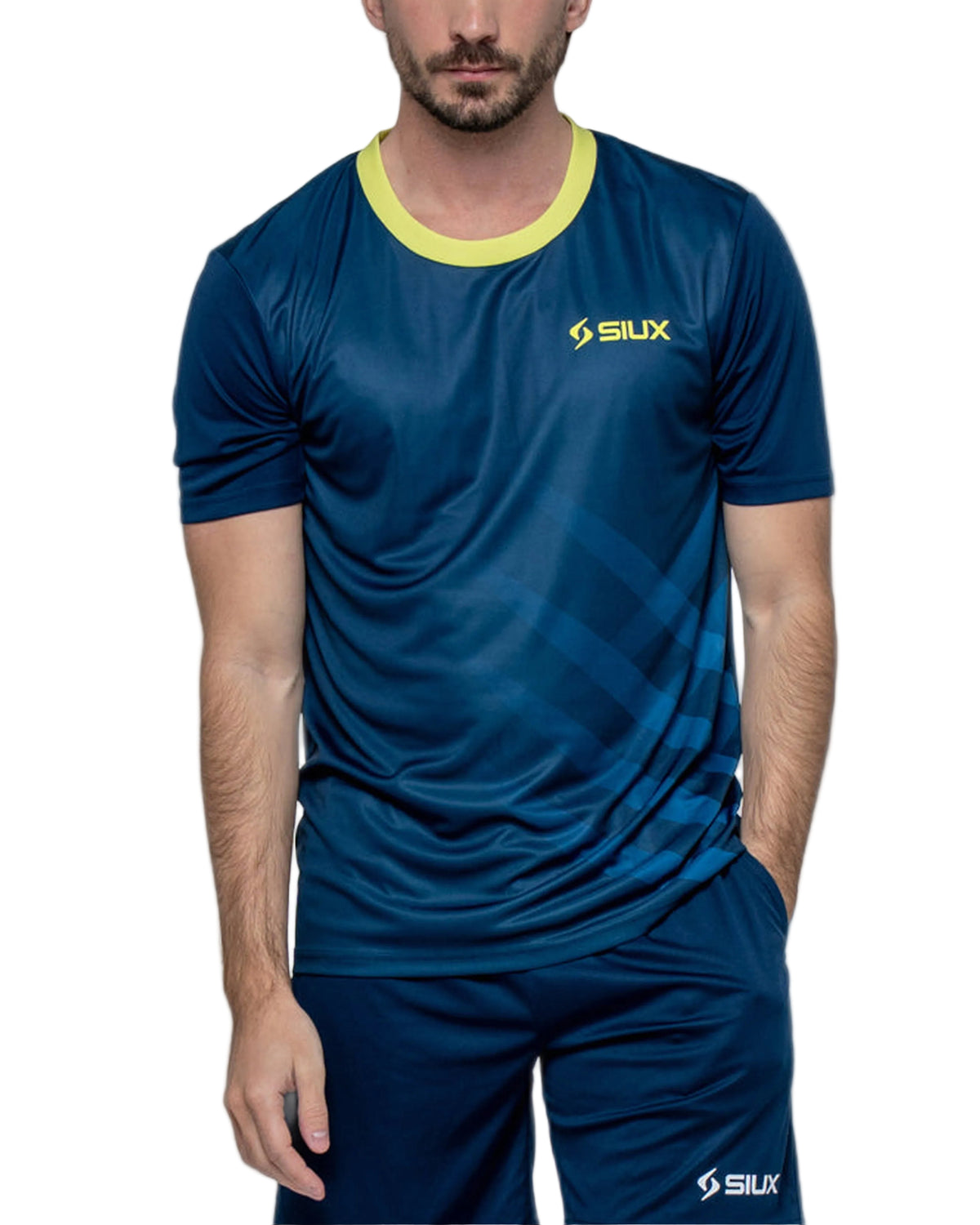 Siux Wave 26 Padel T-shirt, front view on model, navy with geometric pattern