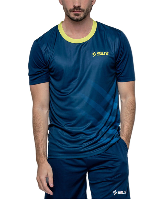 Siux Wave 26 Padel T-shirt, front view on model, navy with geometric pattern