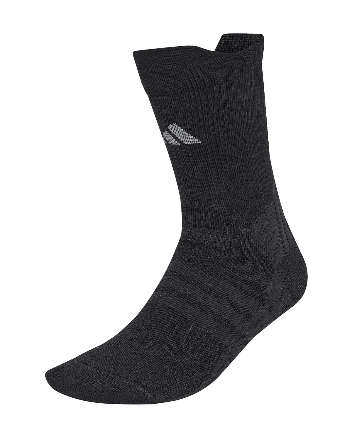 Adidas Cushioned Pro Crew Padel socks, front three-quarter view, black with grey branding