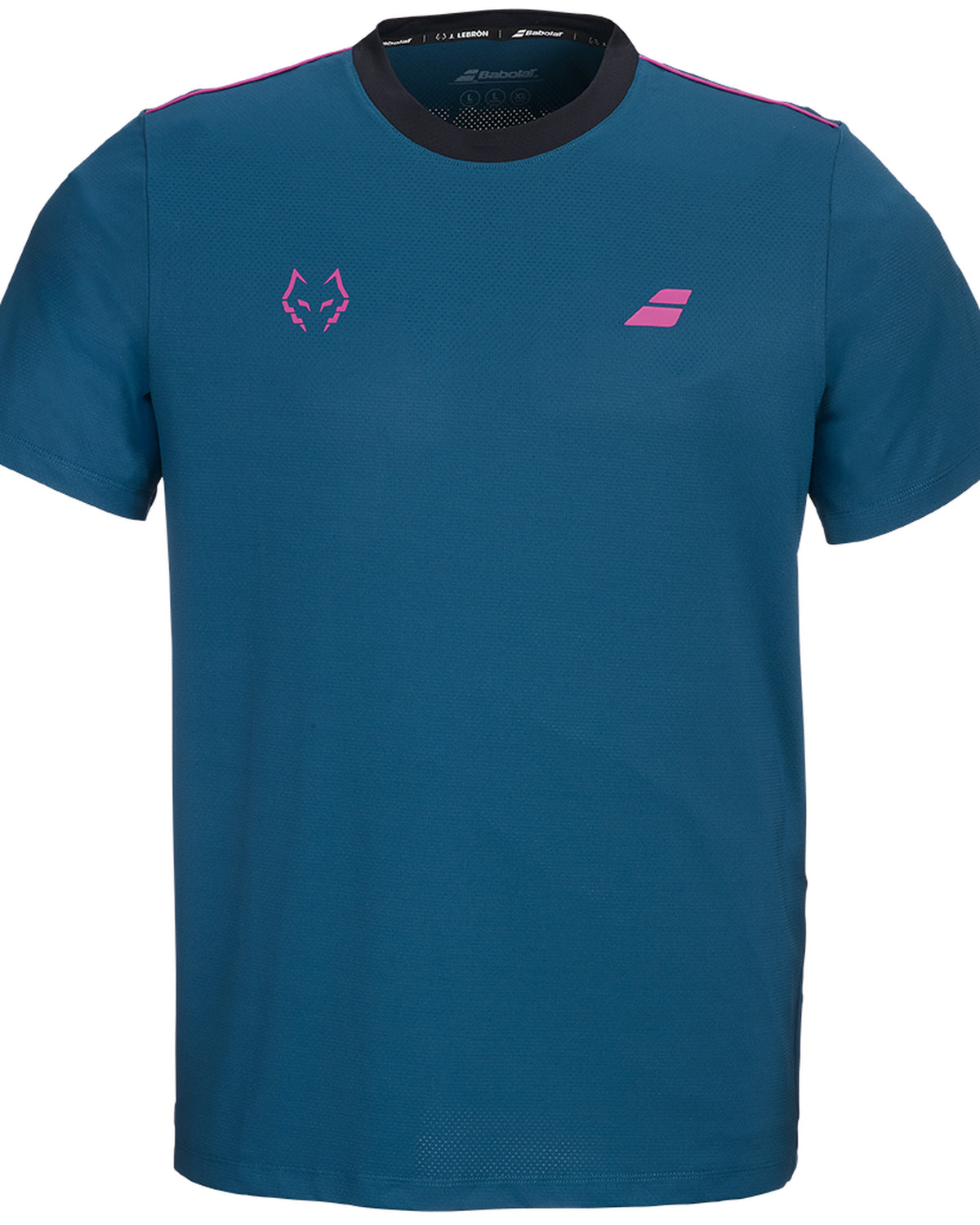 Babolat Crew Neck Tee Lebron, front view in Legion Blue with pink logos