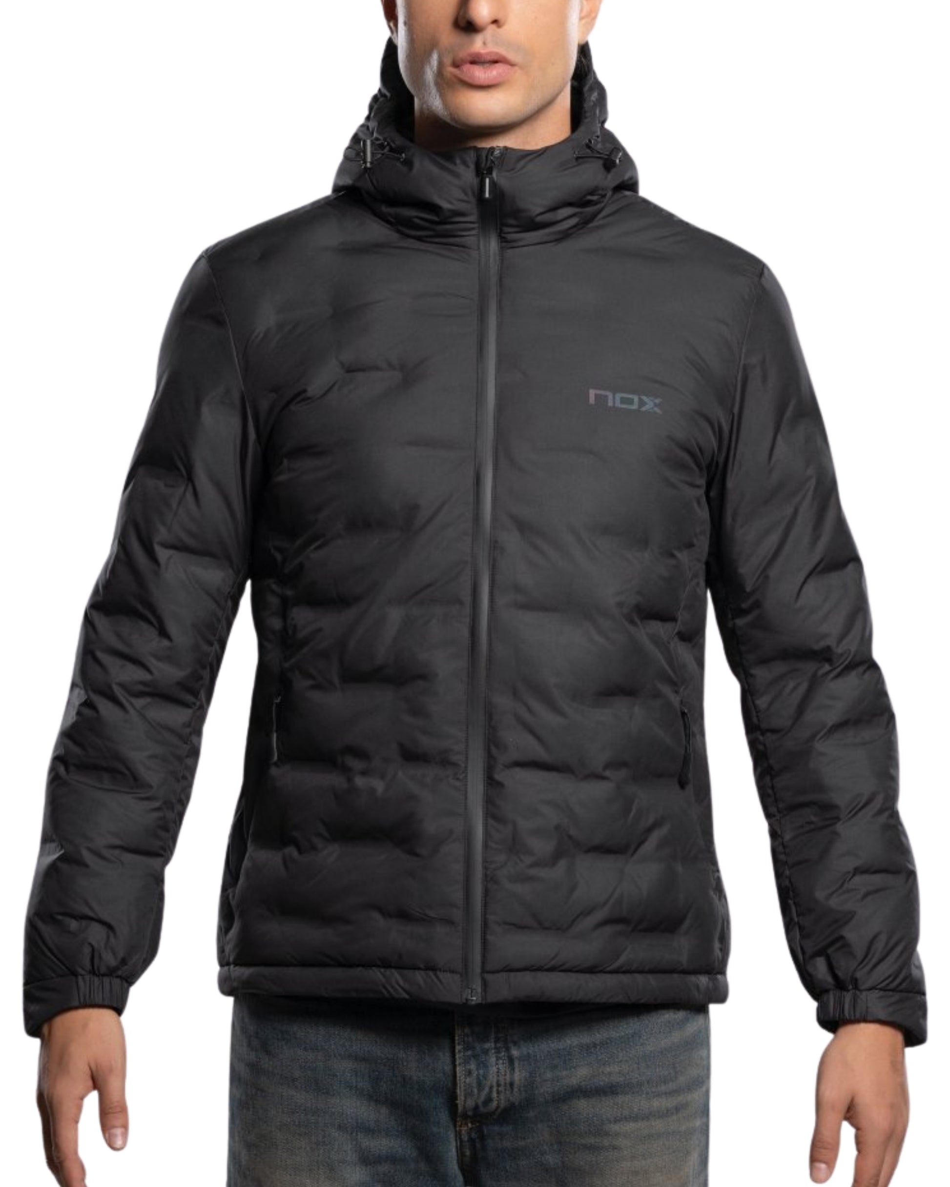 NOX Team Quilted Padel Jacket, worn front view, black with hood