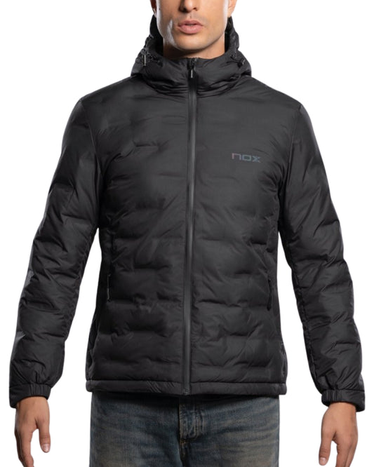 NOX Team Quilted Padel Jacket, worn front view, black with hood