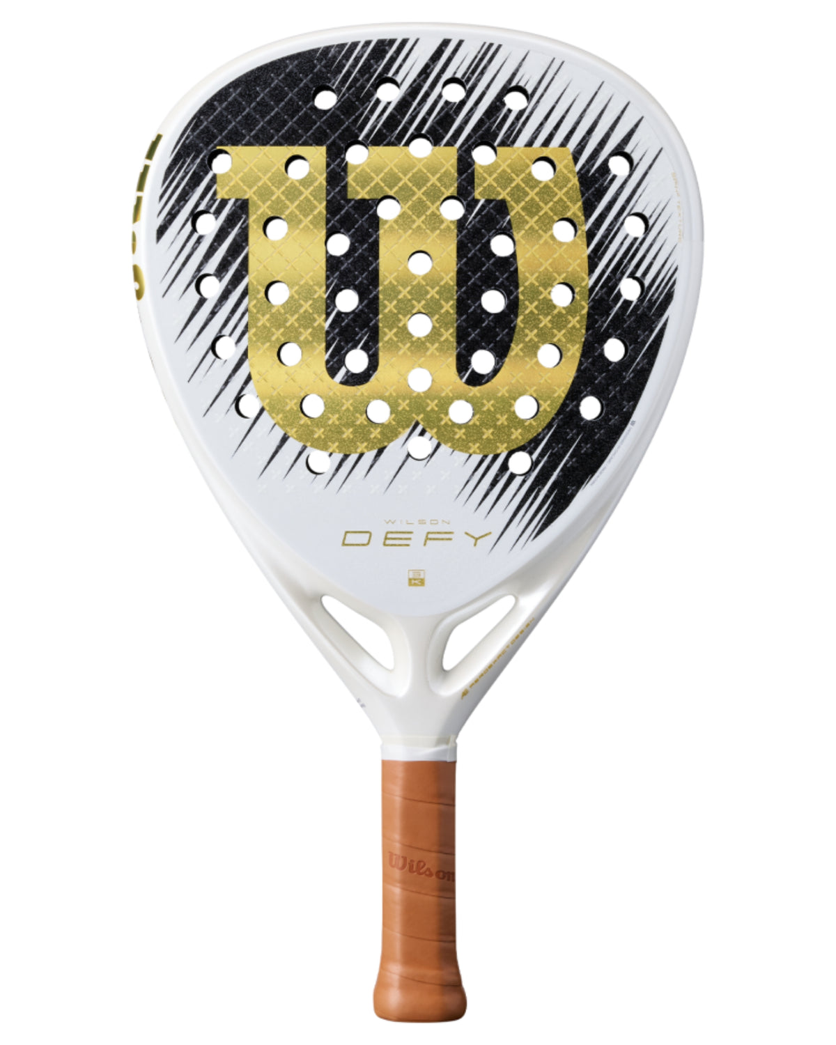 Wilson Defy V1 SE Padel racket, front face in white, black and gold