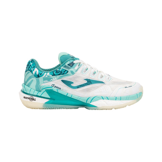 Joma Slam Lady 2682 Vero Virseda Padel Shoes, lateral view, white and turquoise