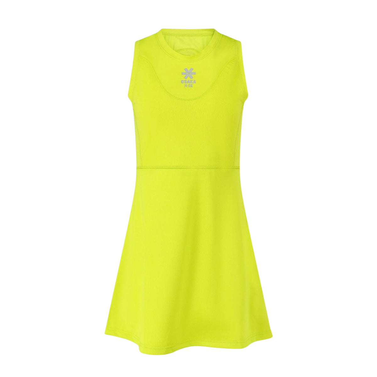 Osaka Floucy Padel Dress, Acid Lime front, rounded neckline and flared skirt