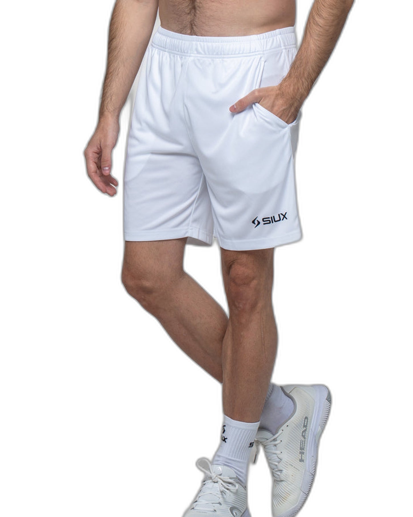 Siux Club 26 white Padel shorts, front view, black leg logo