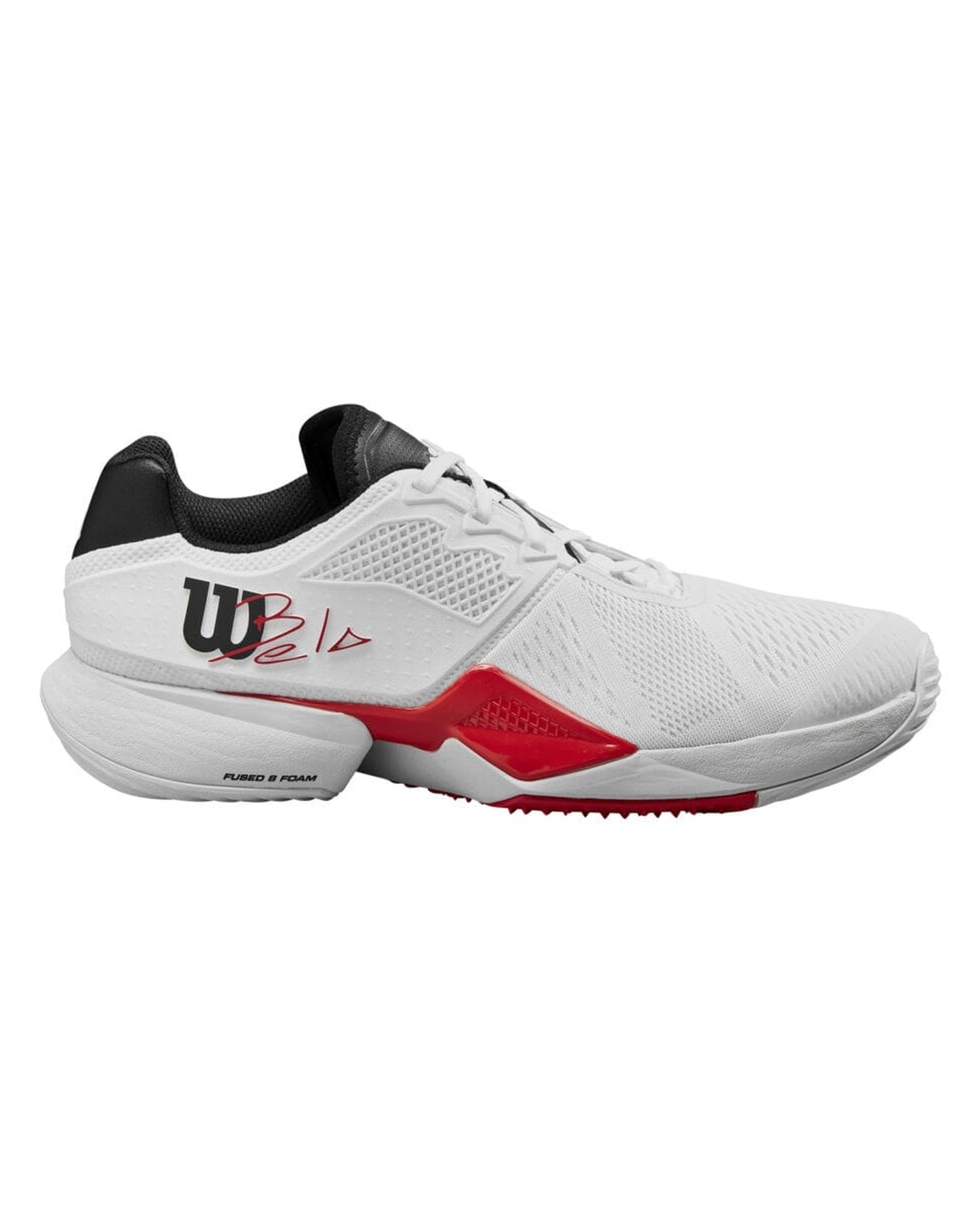 Wilson Bela Tour Padel shoe, lateral side profile, white with red detailing