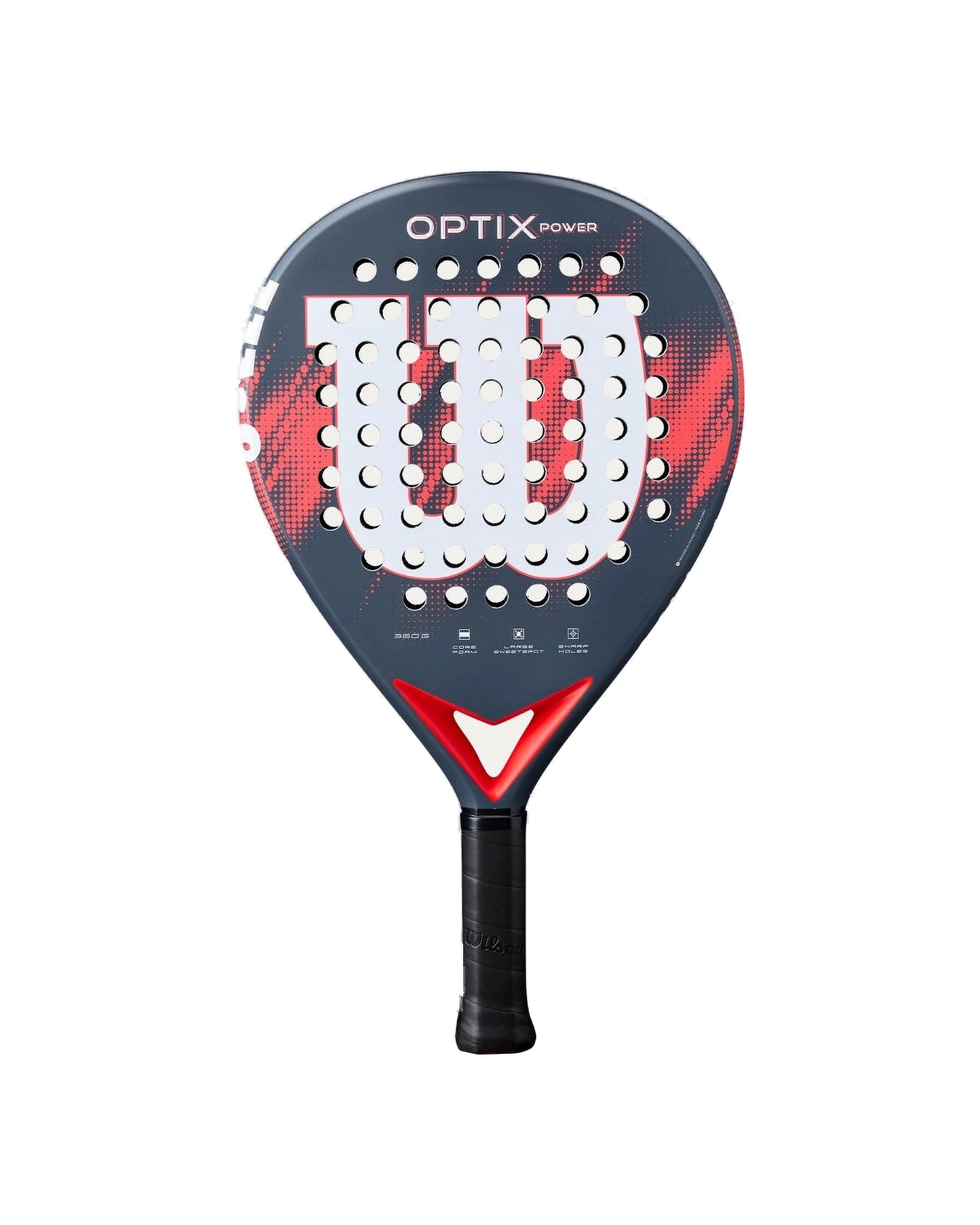 Wilson Optix V2 Power Padel racket, front face, grey and red