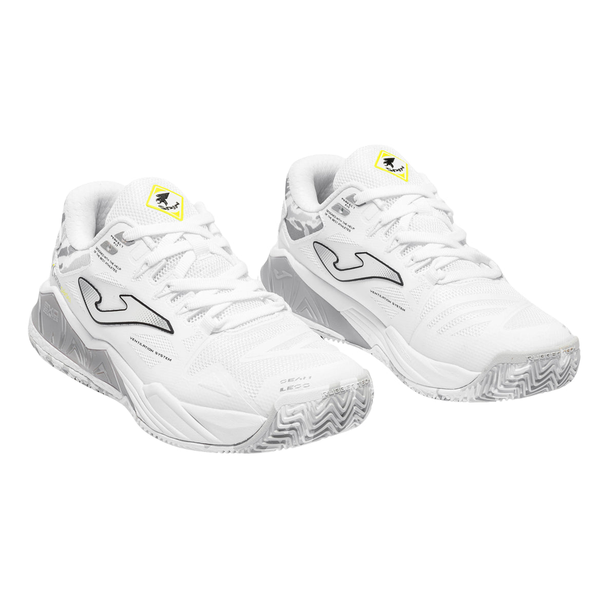 Joma Spin Lady 2602 Padel shoes, white/silver pair from front three-quarter angle.