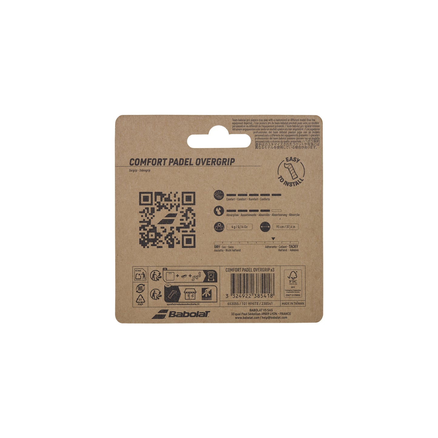 Babolat Comfort Padel overgrip pack back with specifications and application guide