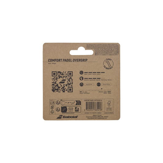 Babolat Comfort Padel overgrip pack back with specifications and application guide